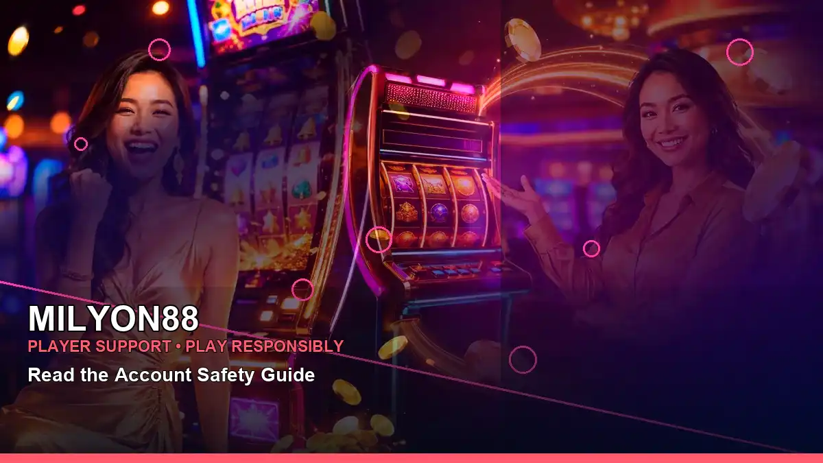 MILYON88 Demon Hunter information for Philippine players, featuring a neon casino setting and close-up slot visuals