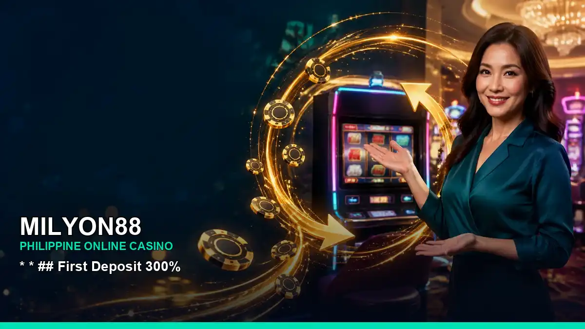 MILYON88 casino cashback rewards with an adult Filipina casino host in a vibrant layout